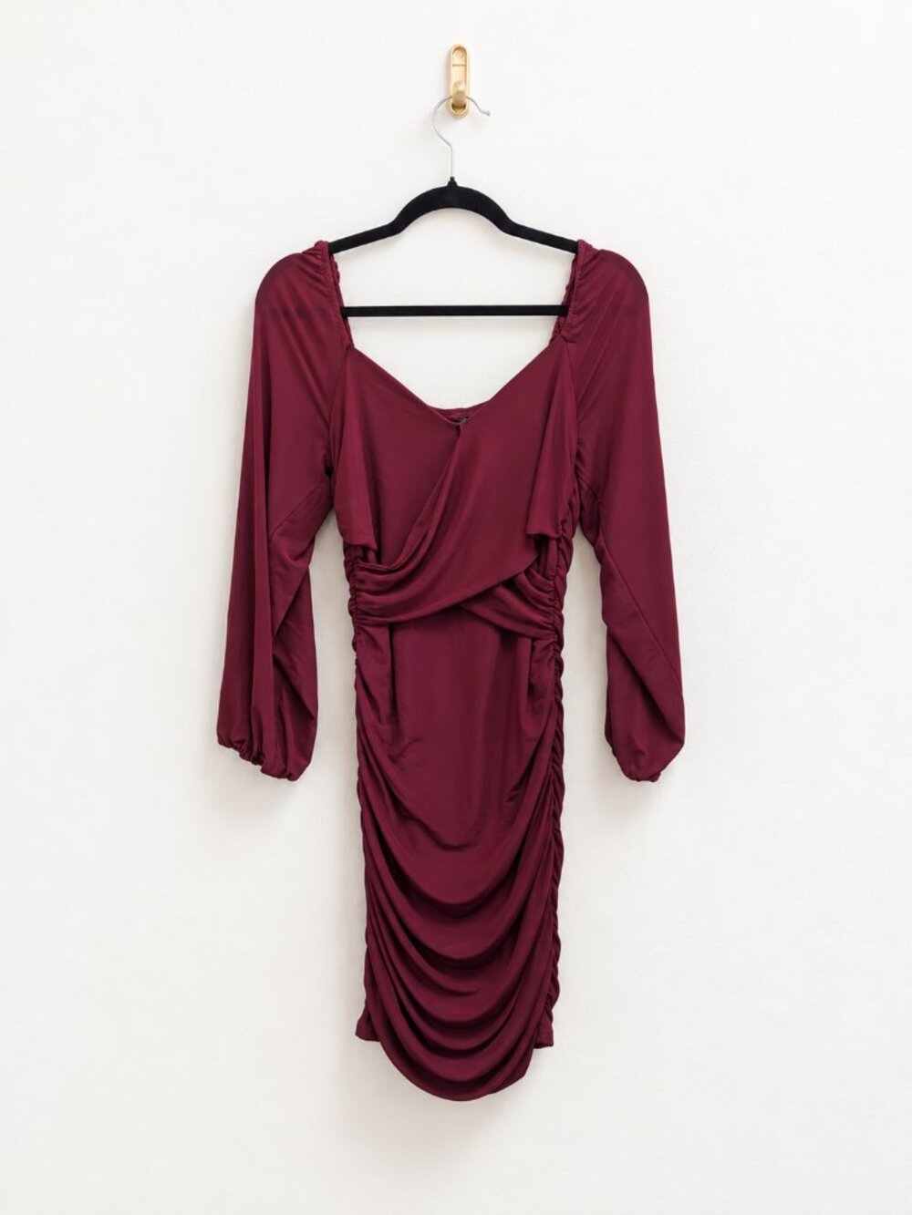 BTFBM Maroon Red Lace Long-Sleeve Cinched Sides Mini Dress